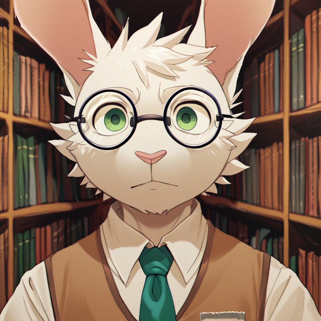 sanderthecat, lagomorph, leporid, mammal, rabbit, anthro, brown clothing, brown topwear, cheek tuft, clothed, clothing, detailed background, eyewear, facial tuft, front view, fur, glasses, glistening, glistening eyes, green eyes, green necktie, grey body, grey fur, head tuft, inside, library, looking at viewer, male, mouth closed, necktie, pink nose, round glasses, solo, topwear, tuft, white body, white clothing, white fur, white topwear, score_9, score_8_up, score_7_up, score_6_up, score_5_up, score_4_up