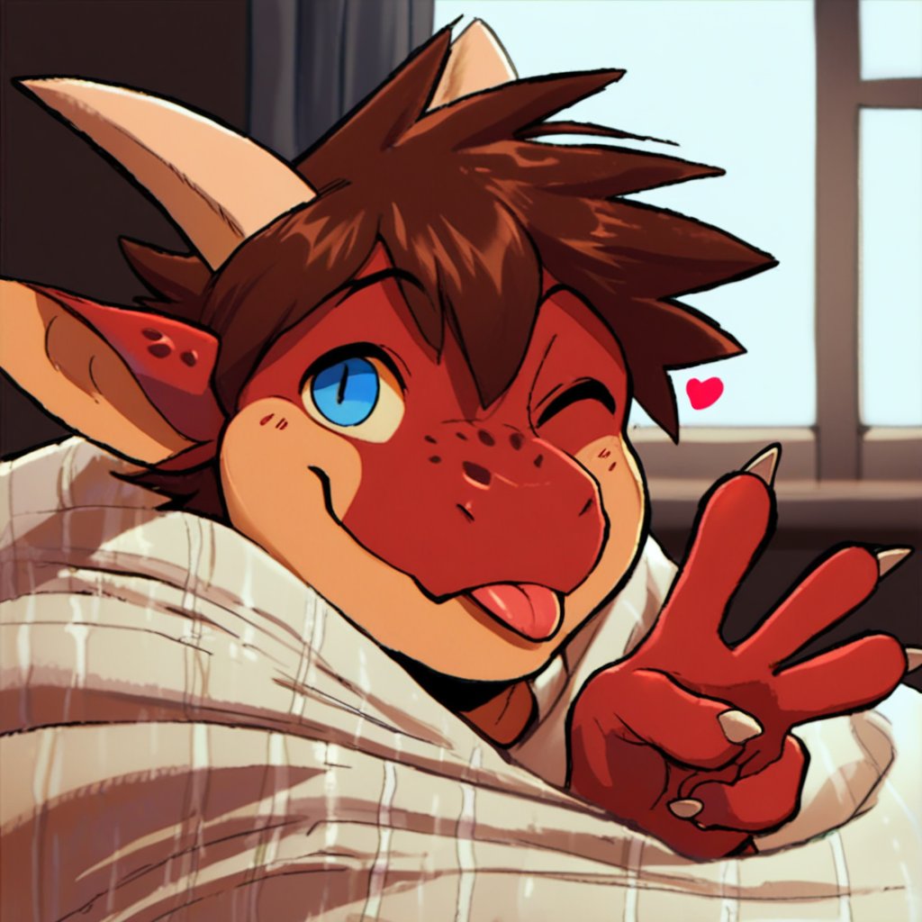 sanderthecat, anthro, bed, bedding, blanket, blep, blue eyes, brown hair, clawed fingers, claws, countershade face, countershade neck, countershade torso, countershading, dragon, finger claws, fingers, furniture, gesture, hair, hand gesture, heart symbol, horn, inside, looking at viewer, male, mythological creature, mythological scalie, one eye closed, red body, red scales, scales, scalie, smile, solo, tail, tan countershading, tongue, tongue out, under covers, v sign, window, wingless dragon, wink, score_9, score_8_up, score_7_up, score_6_up, score_5_up, score_4_up