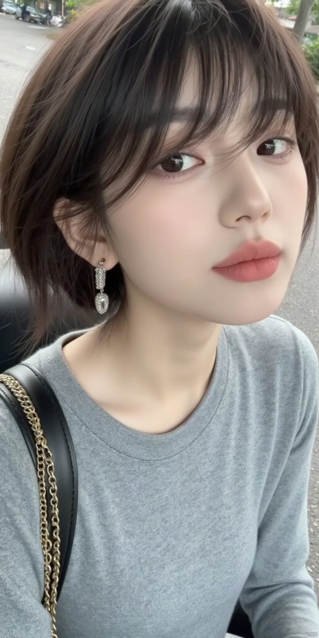 1girl, solo, looking at viewer, short hair, bangs, brown hair, shirt, black hair, brown eyes, jewelry, upper body, earrings, sleeveless, necklace, bag, lips, sleeveless shirt, ground vehicle, grey shirt, realistic