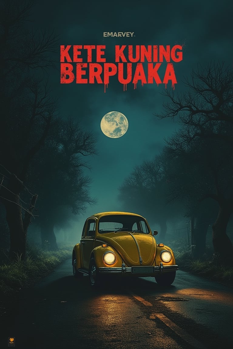 A horror movie poster featuring a yellow Volkswagen classic car parked on a lonely, creepy road under a dark, moonlit sky. The KETE KUNING BERPUAKA title is displayed in bold, blood-red letters. The composition focuses on the eerie car, with twisted trees and foggy surroundings adding to the tension. The lighting is dim and unsettling, casting long shadows. The shot is framed to emphasize the car's haunting presence and the dark, foreboding road.