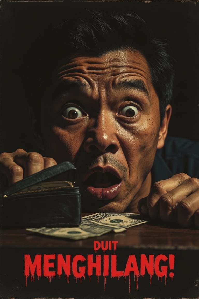 A horror movie poster featuring a close-up shot of a shocked face, eyes wide with disbelief, as the character realizes their wallet is empty. The DUIT MENGHILANG! title is displayed in bold, blood-red letters. The composition focuses on the character's horrified expression, with a glimpse of an empty wallet in the background. The lighting is stark and dramatic, casting deep shadows on the face. The shot is framed to emphasize the intense shock and the sudden realization of the missing money.