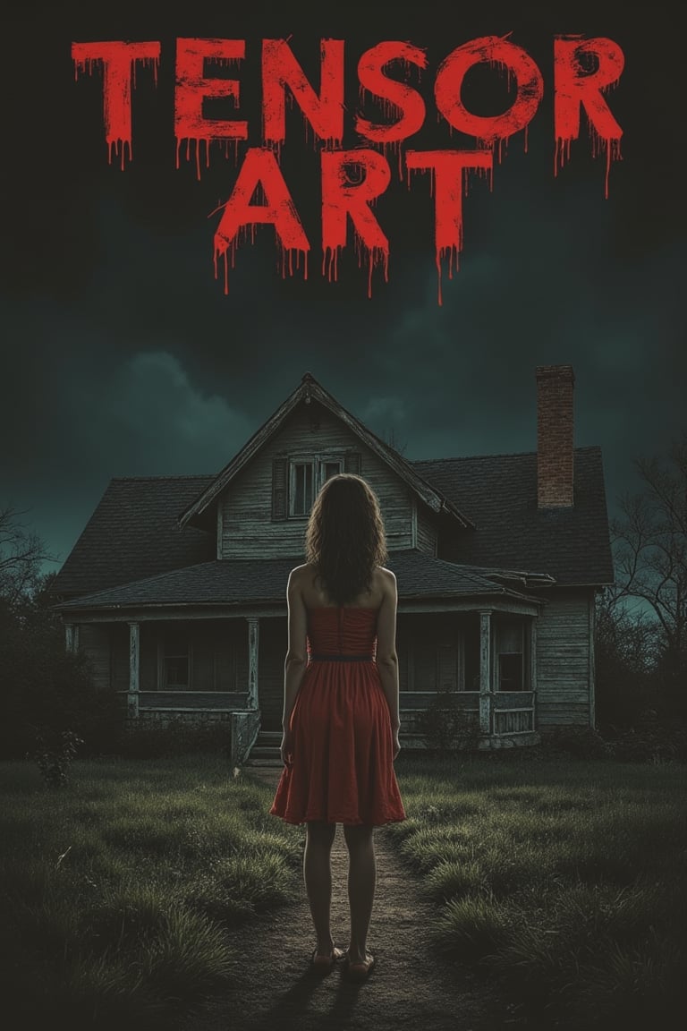 A horror movie poster featuring a pretty woman standing static in front of a creepy, worn bungalow. The TENSOR ART title is displayed in bold, blood-red letters. The composition focuses on the woman's calm yet unsettling demeanor, with the dilapidated bungalow in the background. The lighting is dim and eerie, casting long shadows. The shot is framed to emphasize the contrast between the woman's beauty and the bungalow's decrepitude, creating a tense atmosphere.