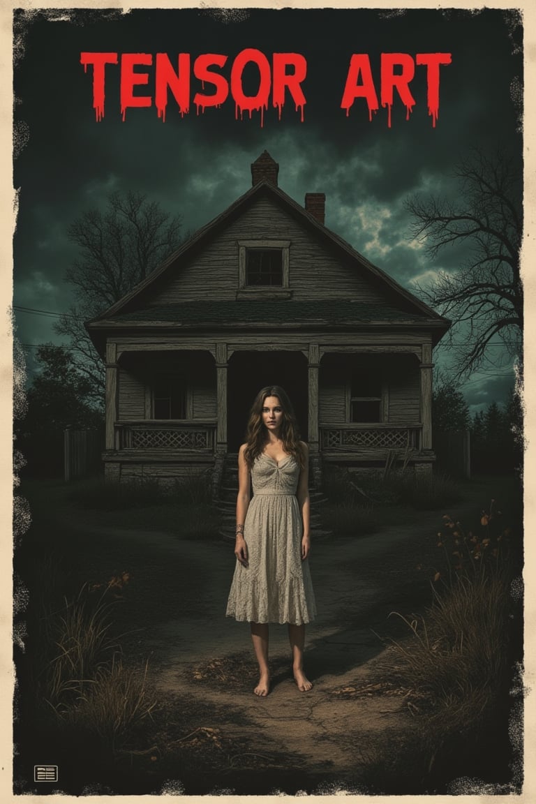 A horror movie poster featuring a pretty woman standing static in front of a creepy, worn bungalow. The TENSOR ART title is displayed in bold, blood-red letters. The composition focuses on the woman's calm yet unsettling demeanor, with the dilapidated bungalow in the background. The lighting is dim and eerie, casting long shadows. The shot is framed to emphasize the contrast between the woman's beauty and the bungalow's decrepitude, creating a tense atmosphere.