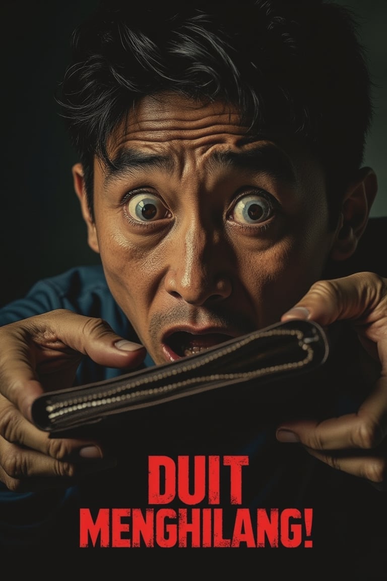 A horror movie poster featuring a close-up shot of a shocked face, eyes wide with disbelief, as the character realizes their wallet is empty. The DUIT MENGHILANG! title is displayed in bold, blood-red letters. The composition focuses on the character's horrified expression, with a glimpse of an empty wallet in the background. The lighting is stark and dramatic, casting deep shadows on the face. The shot is framed to emphasize the intense shock and the sudden realization of the missing money.