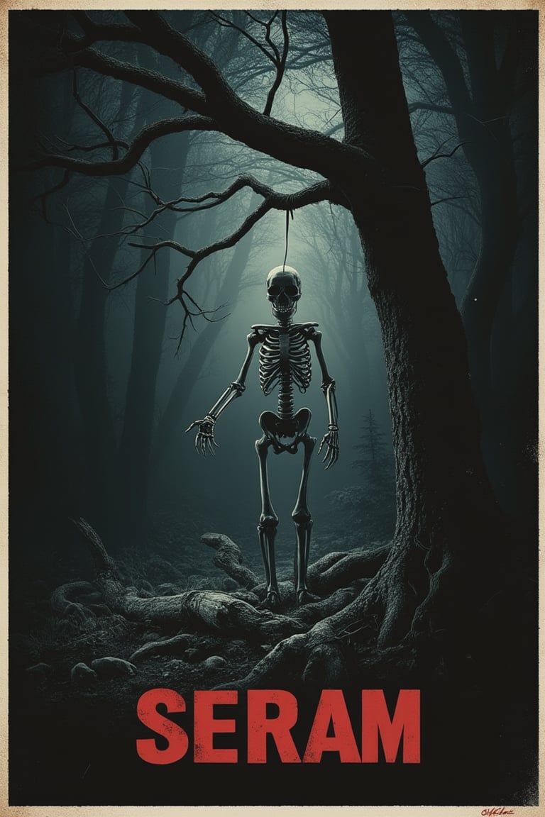 A horror movie poster featuring a skeletal figure hanging ominously from a tree branch in a dark, foreboding forest. The SERAM title is displayed in bold, blood-red letters. The skeletal figure is illuminated by a faint, eerie light, casting long shadows. The composition focuses on the skeletal figure, with twisted branches and dense foliage in the background. The atmosphere is tense, with fog and mist shrouding the scene. The shot is framed to emphasize the skeletal figure's haunting presence and the dark, unsettling forest.