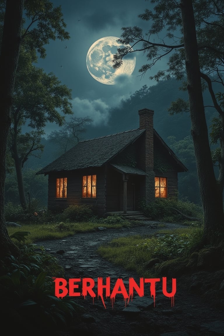 A horror movie poster featuring a dilapidated bungalow in a dense, shadowy forest. The BERHANTU title is prominently displayed in bold, blood-red letters. The bungalow is partially illuminated by moonlight, casting eerie shadows. The composition focuses on the decrepit structure with overgrown vines and broken windows. The atmosphere is tense, with fog creeping through the trees. The shot is framed to emphasize the isolation and foreboding presence of the bungalow.