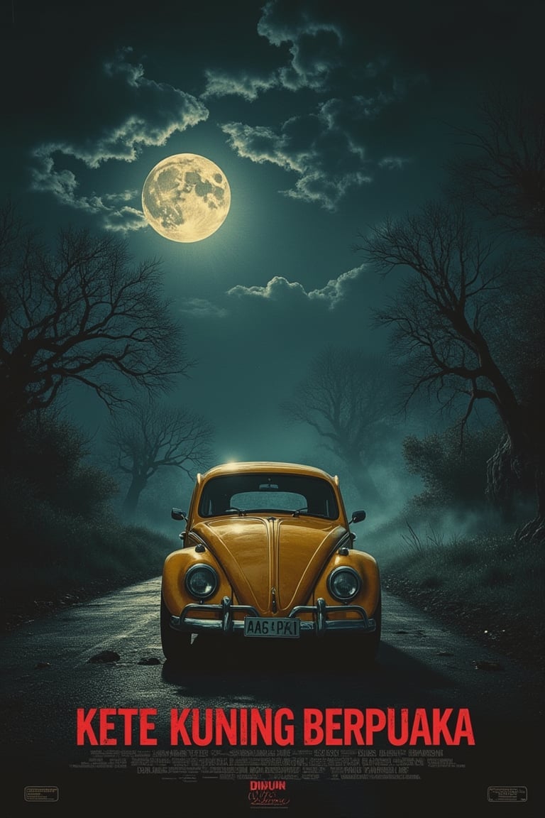 A horror movie poster featuring a yellow Volkswagen classic car parked on a lonely, creepy road under a dark, moonlit sky. The KETE KUNING BERPUAKA title is displayed in bold, blood-red letters. The composition focuses on the eerie car, with twisted trees and foggy surroundings adding to the tension. The lighting is dim and unsettling, casting long shadows. The shot is framed to emphasize the car's haunting presence and the dark, foreboding road.