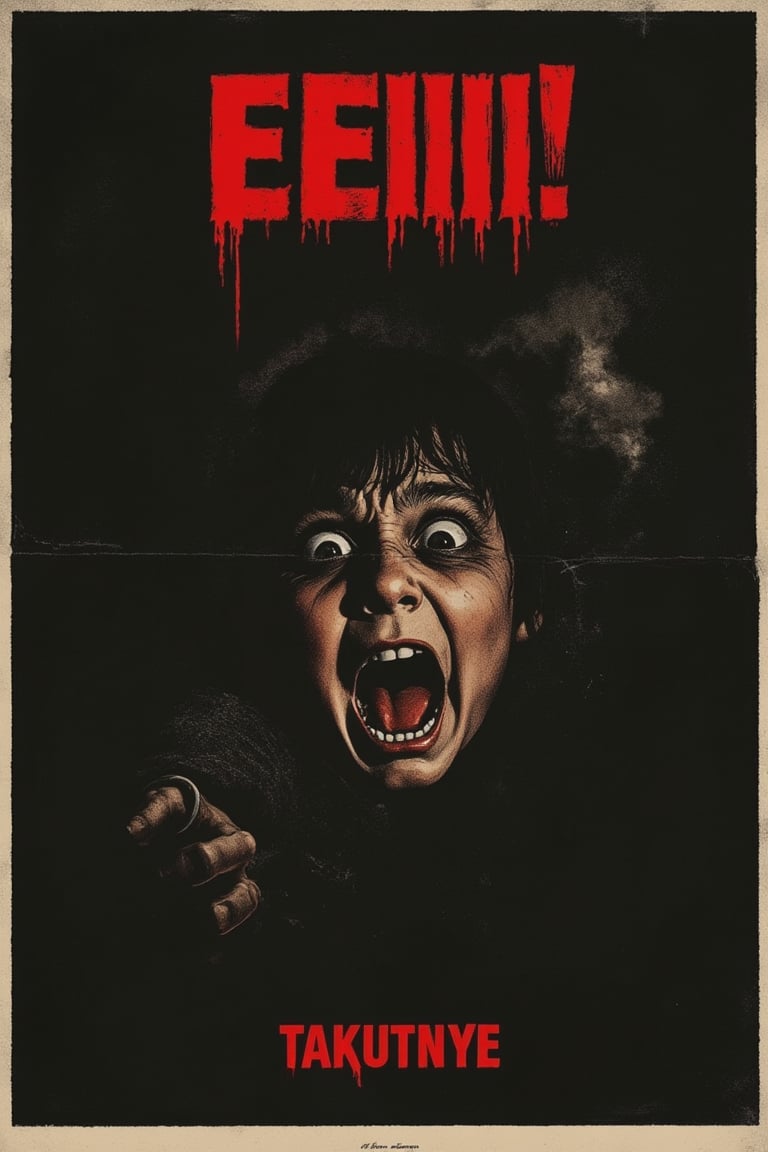 A horror movie poster featuring a close-up shot of a terrified face, eyes wide with fear, illuminated by an eerie, unnatural light. The EEIII! TAKUTNYE title is displayed in bold, blood-red letters. The composition focuses on the frightened expression, with dark, shadowy surroundings adding to the tension. The lighting is stark and unsettling, casting deep shadows on the face. The shot is framed to emphasize the intense fear and the eerie atmosphere.