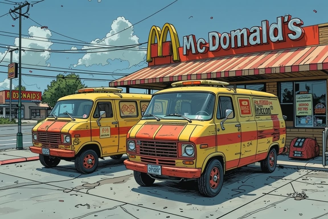 fl4tcol0red, Vans parked in front of McDonald's restaurant, in the style of t0k