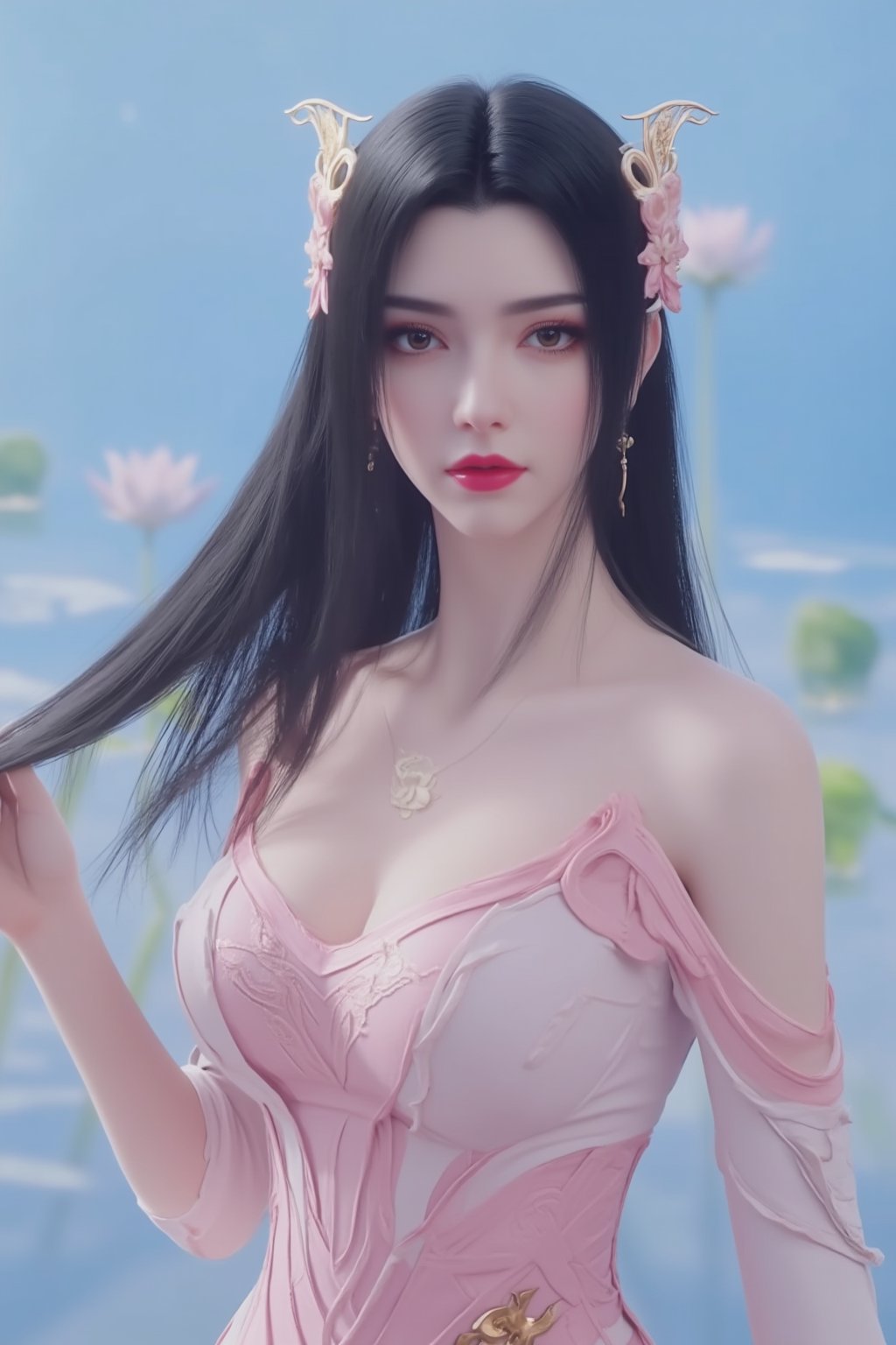  (masterpiece, best quality:1.2),1girl, navel, solo, midriff, bare shoulders, hair ornament, flower, hair flower,, long hair, red lips,
BREAK, (looking at viewer:1.23),(light pink-white color dress:1.29),
BREAK,blurry, solo focus, long hair, lips, day, lipstick, outdoors, upper body, blurry,(huge breasts:1.59),Xyunxiao,(snow,Peony:1.52),(Lotus pond, lotus:1.56), (blue sky:1.23),Xhaiqinyan,XxiaoxunerX,Xhuolinger,Xmeidusha,Xzhigui