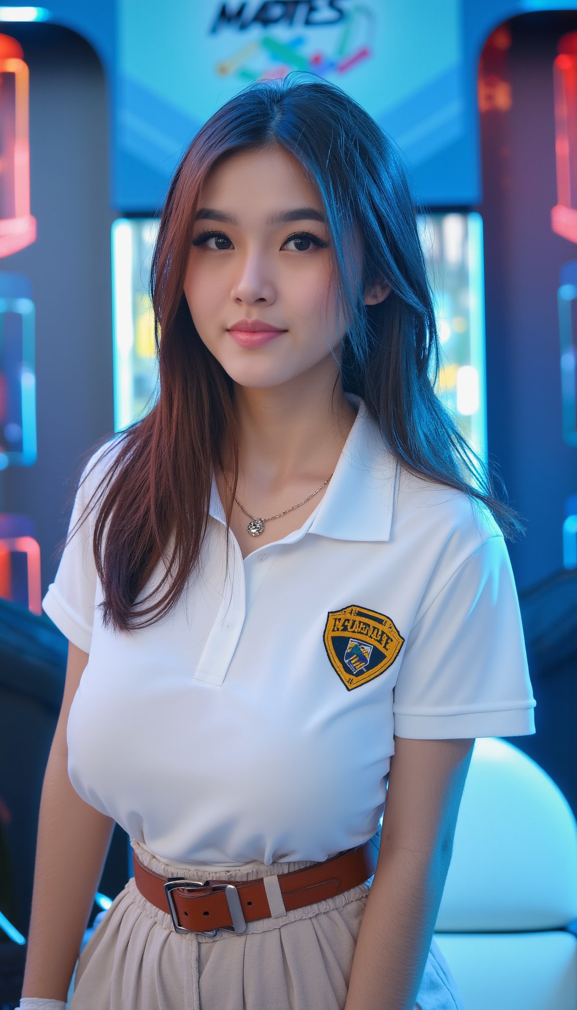 a woman with long dark brown hair, wearing a white short-sleeved polo shirt and a brown belt. She is standing in front of a backdrop of neon lights, a white chair, and a blue wall. The woman's shirt is adorned with a patch that reads "STUDENT" in yellow letters. She has a silver necklace around her neck and a white bandage on her left wrist. Her left hand is resting on the chair, while her right hand rests on the arm of the chair.