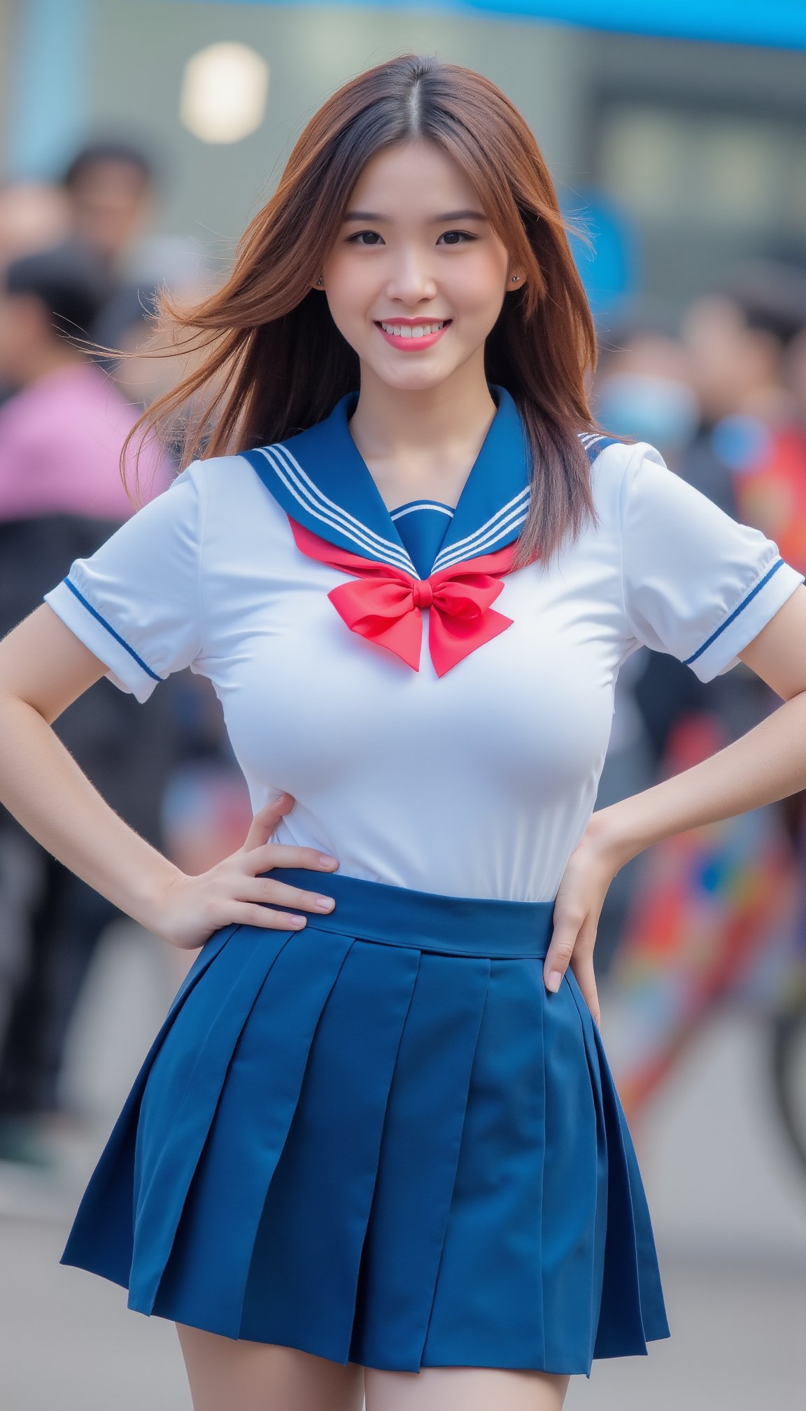 a young Asian woman stands with her left hand on her hip. She is dressed in a blue and white school uniform, adorned with a blue skirt, a white stripe down the middle, and a red bow tie. Her hair is long and cascades down her shoulders, adding a touch of movement to her face. The background is blurred, suggesting a crowd of people in the background.