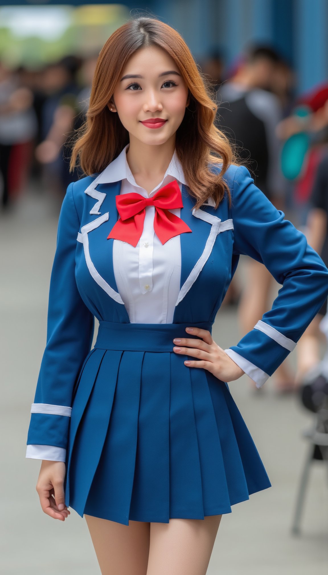 a young Asian woman stands with her left hand on her hip. She is dressed in a blue and white school uniform, adorned with a blue skirt, a white stripe down the middle, and a red bow tie. Her hair is long and cascades down her shoulders, adding a touch of movement to her face. The background is blurred, suggesting a crowd of people in the background.