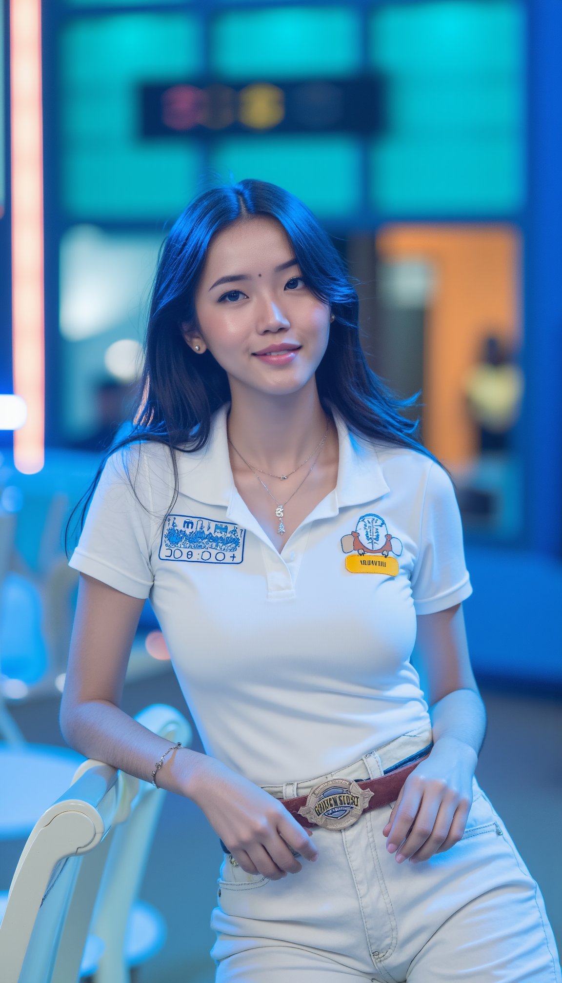 a woman with long dark brown hair, wearing a white short-sleeved polo shirt and a brown belt. She is standing in front of a backdrop of neon lights, a white chair, and a blue wall. The woman's shirt is adorned with a patch that reads "STUDENT" in yellow letters. She has a silver necklace around her neck and a white bandage on her left wrist. Her left hand is resting on the chair, while her right hand rests on the arm of the chair.