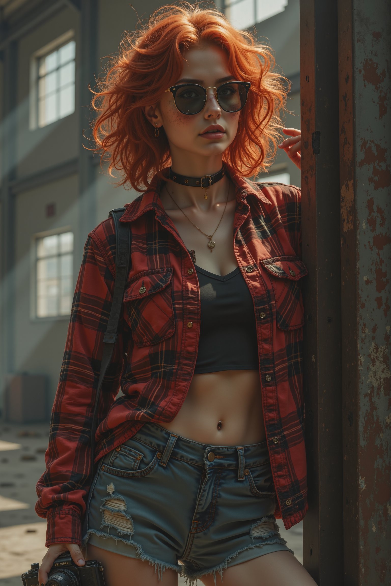 "A striking image of a cool girl with curly, auburn hair and freckles that frame her face. She’s dressed in a bold, oversized plaid shirt, distressed denim shorts, and combat boots, exuding a mix of grunge and modern fashion. She holds a vintage film camera in one hand, slung casually over her shoulder, and wears round, tinted sunglasses. The setting is an abandoned warehouse with sunlight streaming in through broken windows, creating a dramatic play of light and shadows around her. Her posture is relaxed, leaning against an old metal beam, with an air of effortless style and mystery."Midjourney art v2 