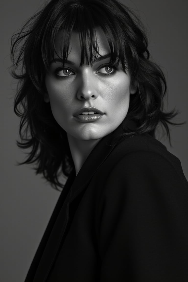 A dramatic portrait of wom1ll4j0v in black and white, She is wearing a black suit. with ultra detailed skin, 8k, emotional, the photo is in the style of aneta ivanova and david lazar. In rule of thirds