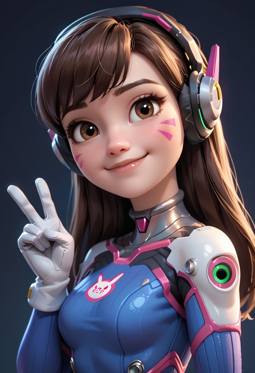 Score_9, score_8_up, score_7_up, rating_safe, dark background 1 girl, solo, cute, (short:1.2), small body, (shortstack:1.1), d.va \(overwatch\), headshot portrait, side view, close-up, looking at viewer, bodysuit, (head tilt:1.2), white gloves, slight smile, headphones, dutch angle, v sign,disney pixar style