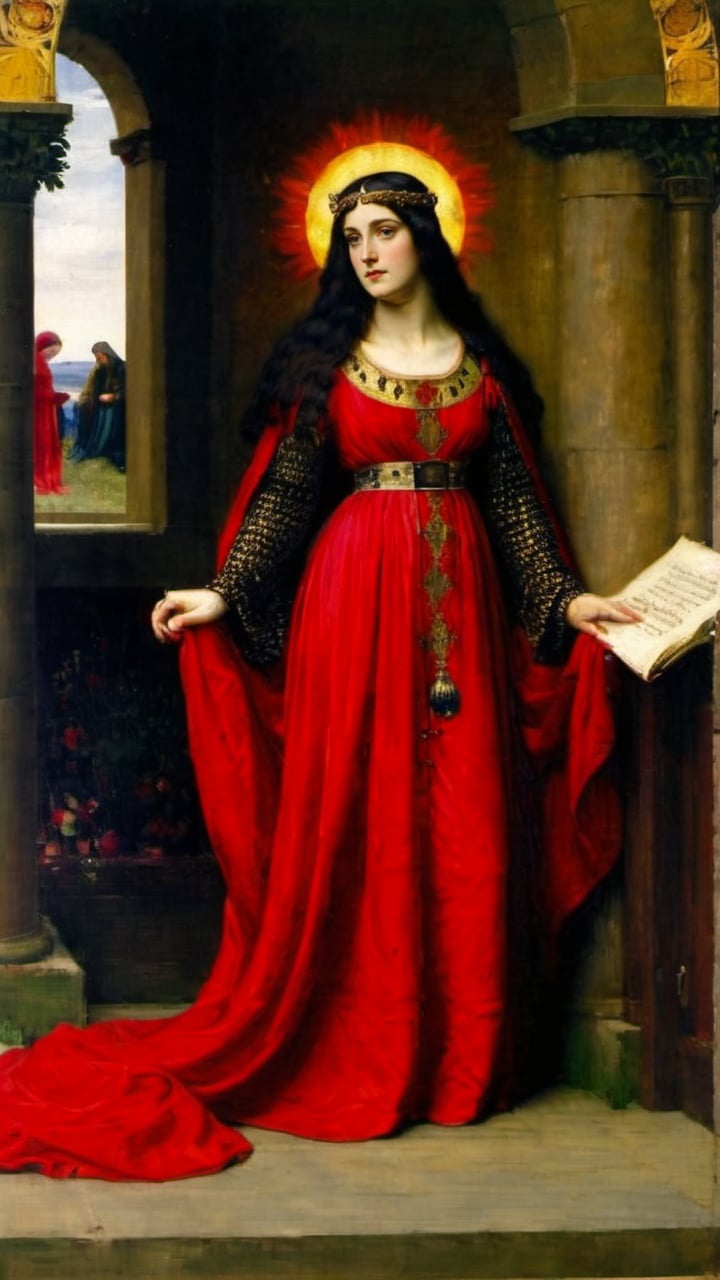 Pre-Raphaelite painting Scene:
lady in medieval red gown, black hair, halo, saint, masterpiece, high quality, 32K