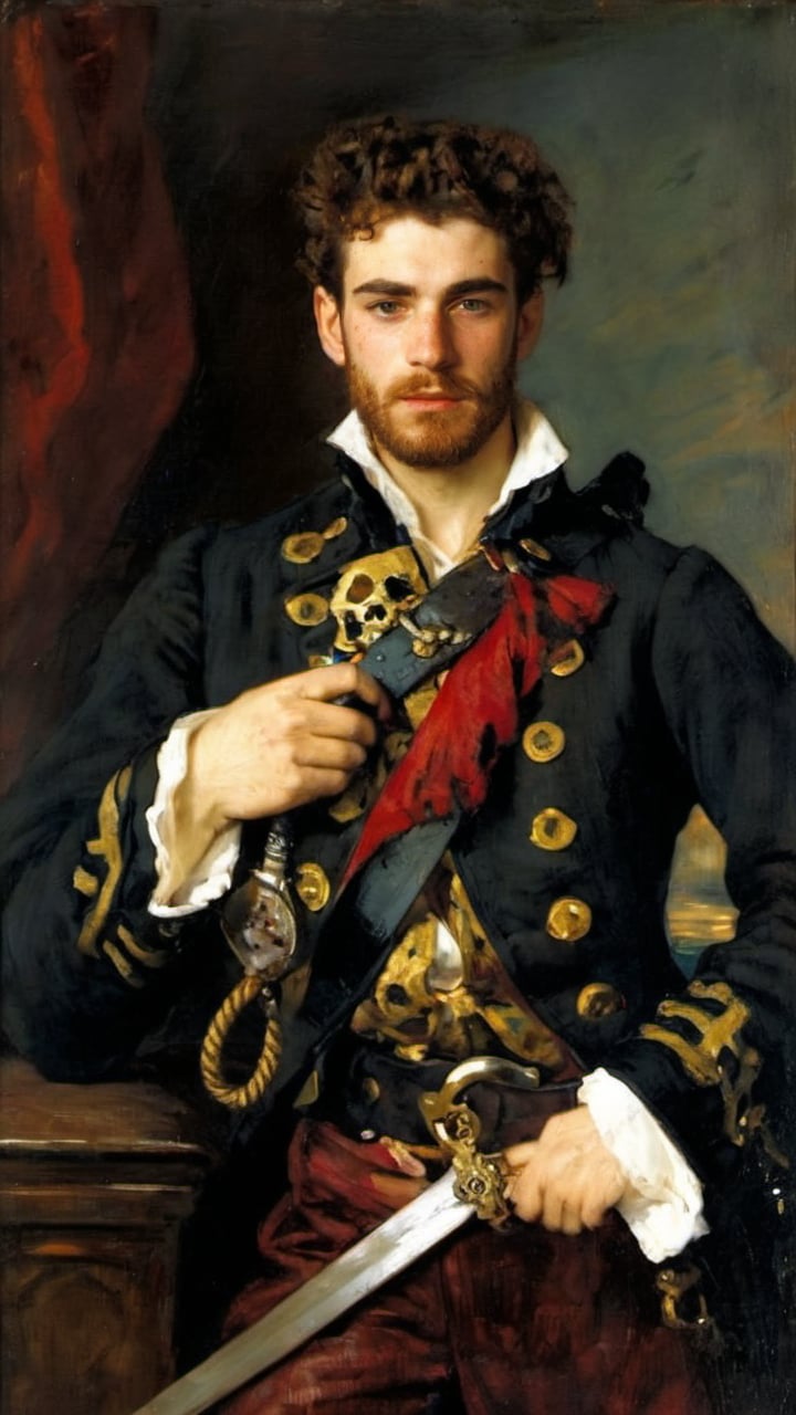 score_9, score_8_up, score_7_up, GQ, 8K image: The Golden age of Piracy, a dirty young handsome, 18-year-old French Pirate captain, sporting short rugged hair and a scruffy face adorned with a thick eyebrows, and tattoos stretching from all over his glistening sweaty body. He's wearing a dirty pirate coat revealing his body which covered with sweat, body hair and dirt, and holding a 19th Century cutlass sword. The scene is on a pirate ship sailing to the dark seas and bleak atmosphere. His lean physique is accentuated showcasing his refined youth and athletic build. The camera frames him with a very dramatic shot, highlighting the tattooed skin and subtle stubble on his jawline. As the Victorian Era pirate looking proud, the soft aesthetic creates an air of quiet contemplation, while the cinematic lighting imbues the scene with a sense of drama and tension. Oil painting art by John Singer Sargent, Greg Rutkowski, or Wlop would bring this stunning image to life.
