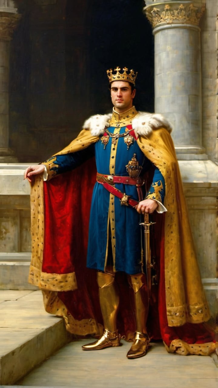 score_9, score_8_up, score_7_up, GQ, skyrim, king's Crown, romanticism pre-raphaelite painting, Game of thrones, shakespearean, royalty, dark atmosphere, 8K image:
A neoclassical painting of a regal commander stands proudly after his coronation in the kingdom village's central square, under a warm, golden sun. The wealthy young king, Sean O Pry, dons a majestic medieval royal outfit adorned with sash, and a fur, added with a jeweled gold crown atop of his black hair, completing his royalty status. His youthful features shining like polished marble. His manly physique is accentuated by a thick body hair that glistens in the light. A defined jawline and crooked nose add to his rugged charm. As he surveys the war-torn landscape, his pale skin takes on a heroic sheen, as if infused with an ethereal glow.  

In a close-up portrait captures every detail of this neoclassical-inspired piece in 8K quality, transporting viewers to a world of dark fantasy and medieval mythology. Oil painting art by John Singer Sargent, Greg Rutkowski, Edmund Blair Leighton, or Wlop would bring this stunning image to life