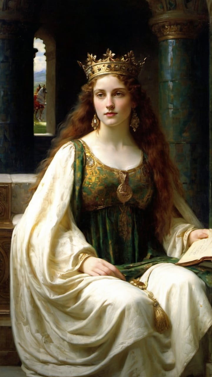 score_9, score_8_up, score_7_up, GQ, skyrim, Crown, romanticism pre-raphaelite painting, Game of thrones, shakespearean, royalty, dark atmosphere, 8K image:
In a Renaissance-inspired portrait, the Ethereal Goddess of Beauty sits serenely, her long white wavy dress flowing like mist around her. Soft ornaments adorn her natural beauty, emphasizing pale skin and blushed cheeks. Her mythological face glows with an otherworldly light, as if illuminated by an inner radiance. Framed in a medieval-inspired setting, she faces the viewer directly, her translucent form barely tangible against a subtle distortion of the surroundings. 
In a close-up portrait captures every detail of this neoclassical-inspired piece in 8K quality, transporting viewers to a world of dark fantasy and medieval mythology. Oil painting art by John Singer Sargent, Greg Rutkowski, Edmund Blair Leighton, or Wlop would bring this stunning image to life