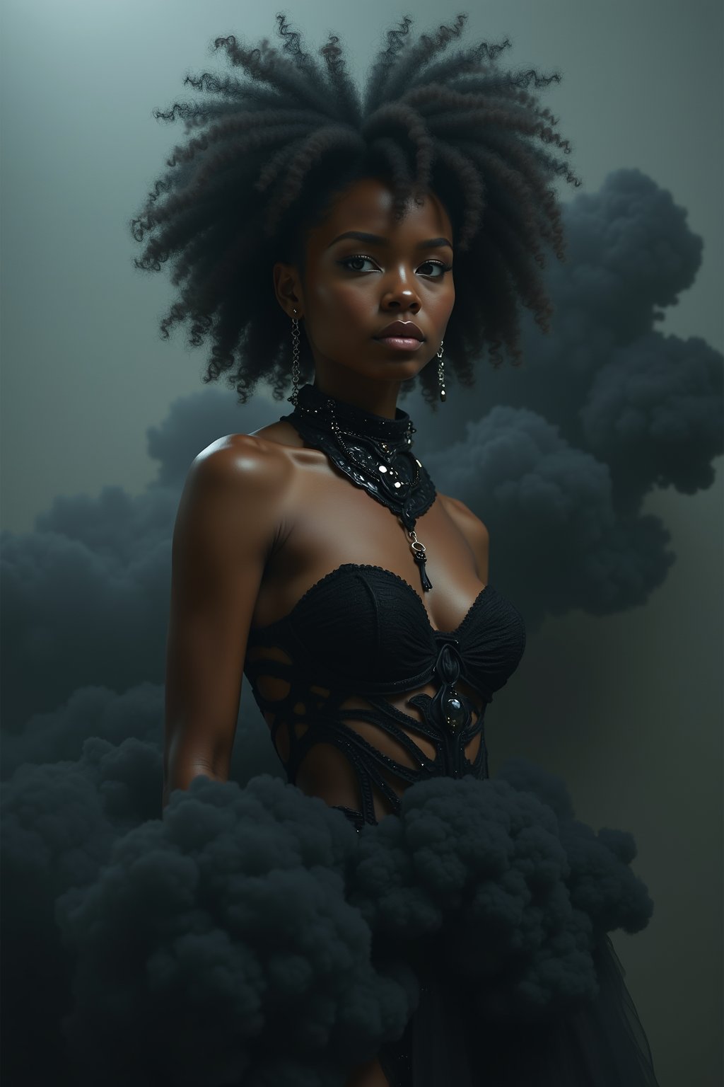 in the style of CNSTLL, full body| gorgeous honey skinned woman| afro|  emerging from black smoke| monster hidden in smoke| horror| insanely detailed| intricate detail| ornate| cinematic lighting| biopunk| digital art| concept art| turbulent fluid --v 5