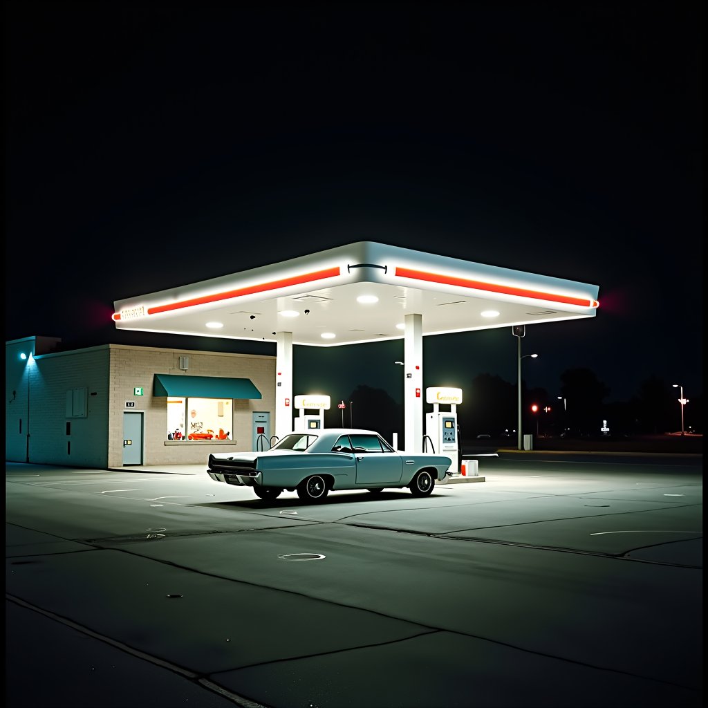 in the style of CNSTLL, a white car parked in front of a gas station, night time, cinestill 800T