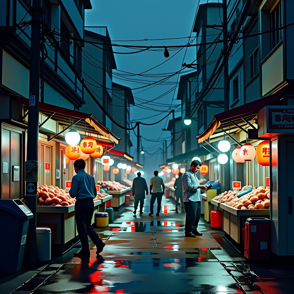 in the style of CNSTLL, an urban landscape with street sellers and  a fish market at night, photorealistic