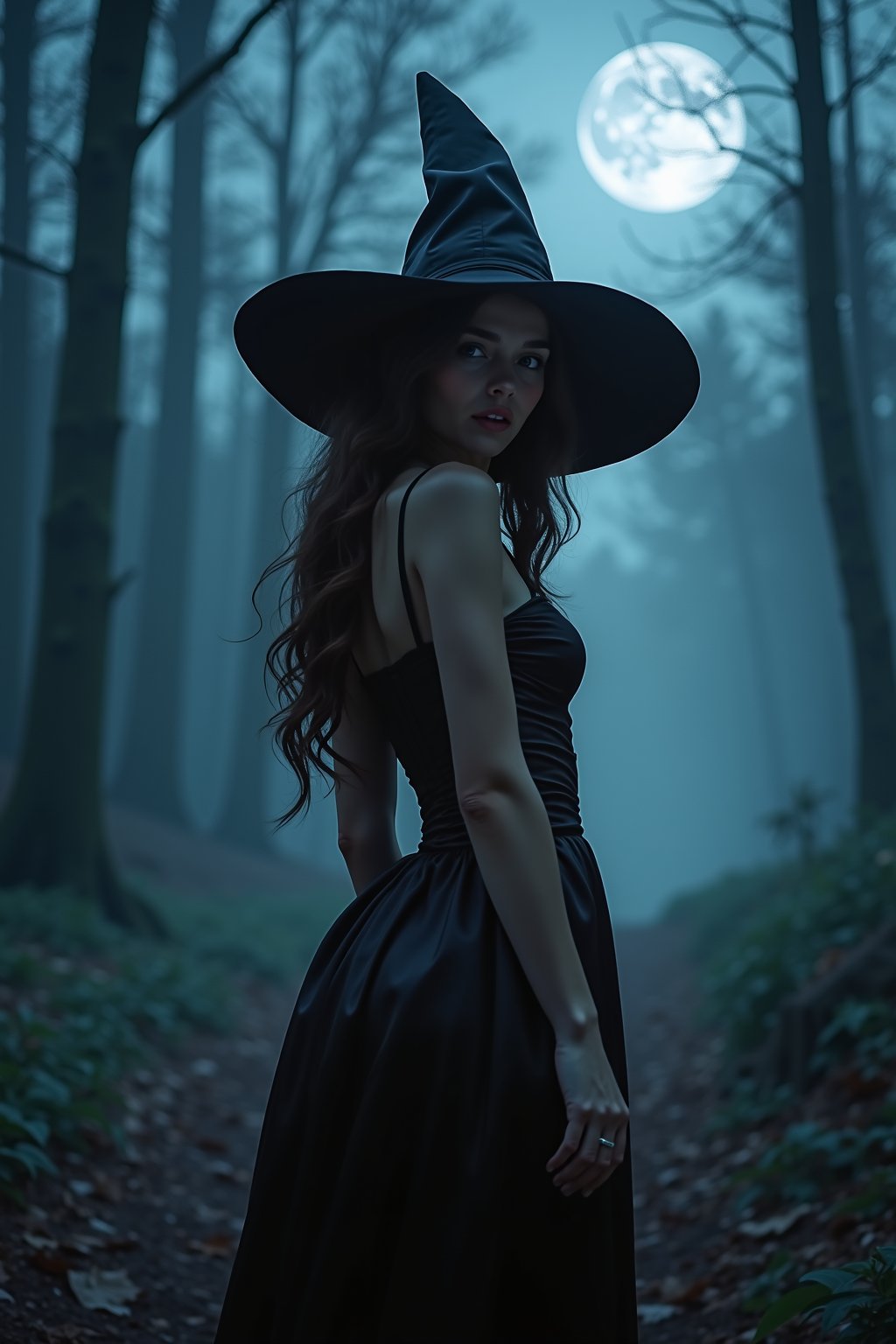 in the style of CNSTLL, high-resolution professional pinup of a young woman dressed as sexy witch for Halloween  in the forest at night. There is fog in the background and a half moon in the sky. Dramatic lighting