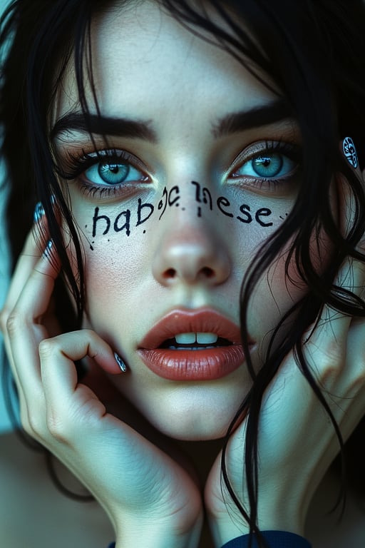 A close-up eye-level shot of a woman's face, adorned with the words "HADESE 1" in bold black letters. Her lips, painted a vibrant shade of red, are adorned with a few white spots, adding a touch of color to her face. Her eyes are a piercing blue, and her eyelashes are a darker shade of blue. Her hair, a dark brown, is cascading down her shoulders, framing her forehead. Her fingernails, a lighter shade of pink, are covered in a pattern of black and white letters. The woman's hand is resting on her right hand, with her fingers slightly curled up. The background is blurred, creating a soft, blurred effect.