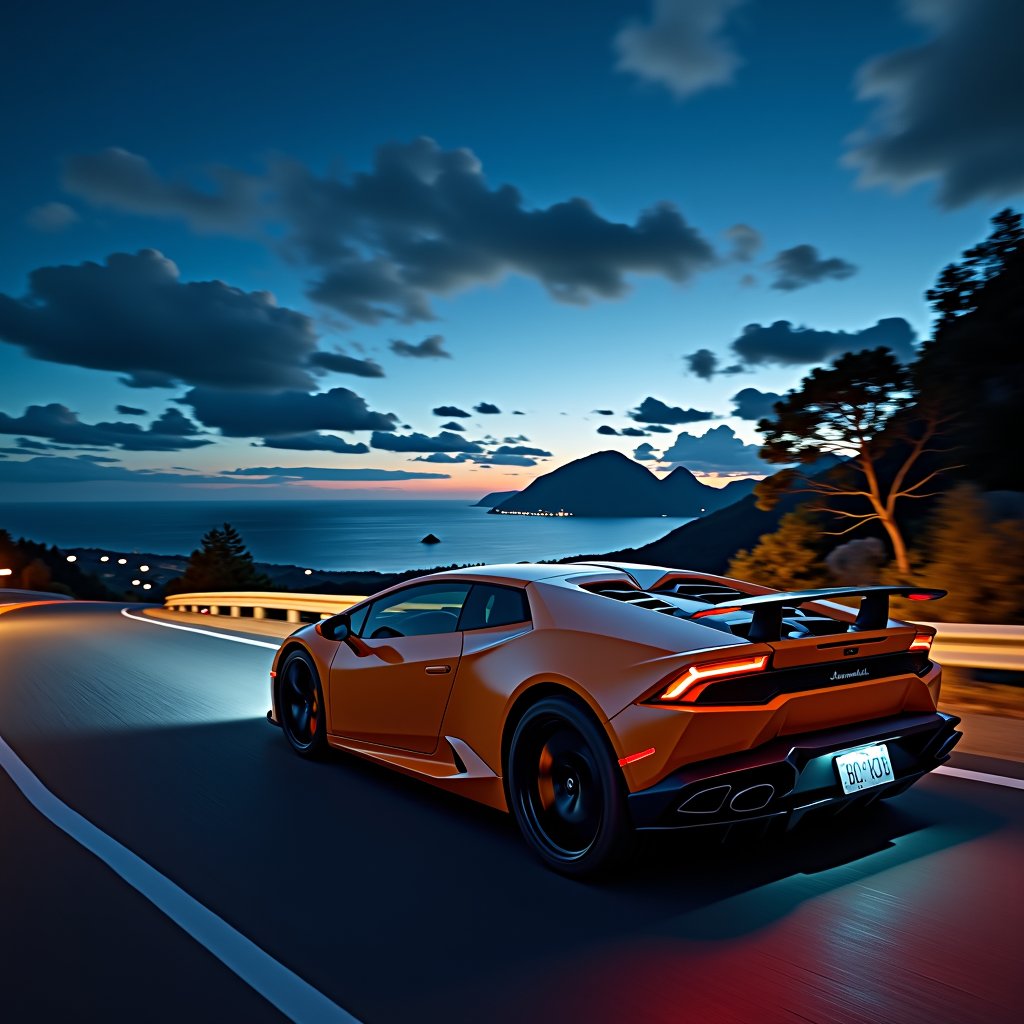 an orange Lamborghini driving down a hill road at night with a beautiful ocean view in the background, side view, no text, CNSTLL, 4k