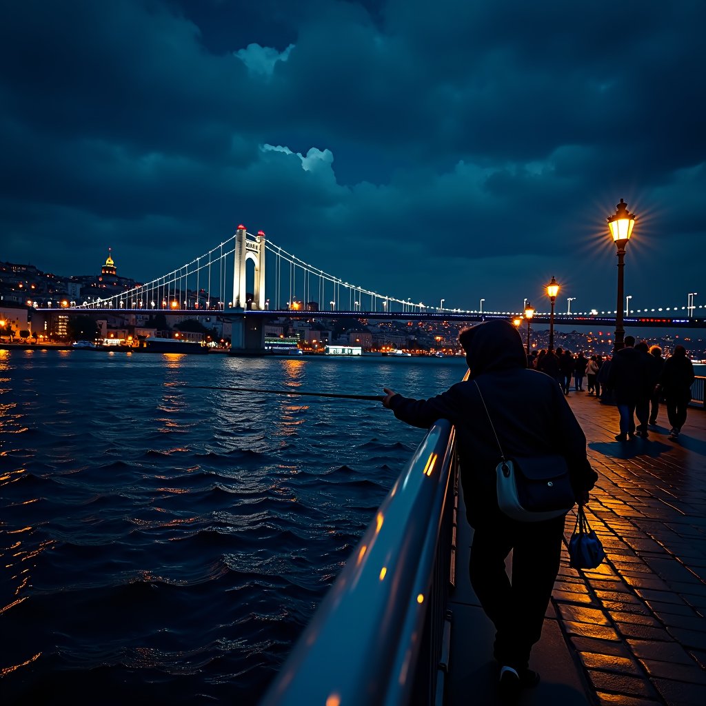 in the style of CNSTLL , urban landscape, people fishing on Galata  bridge in Istanbul at night