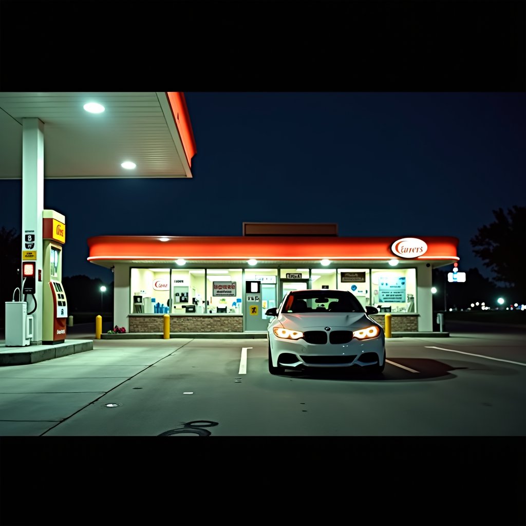 in the style of CNSTLL, a white car parked in front of a gas station, night time, cinestill 800T