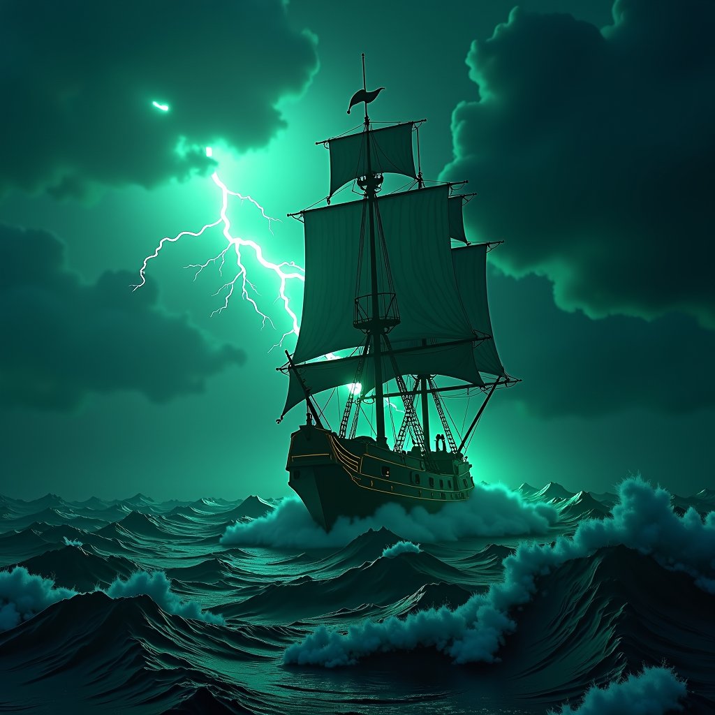 in the style of CNSTLL, hyperdetailed ultra-detailed realistic,  
extremely detailed ghost ship in a storm,  with waves and thunder, with glowing vibrant light green light, detailed ocean environment, dark shot, rtx, at exotic dark florest background , High Definition HD, High Detail, Perfect Composition, dark fantasy movie, cowboy shot,