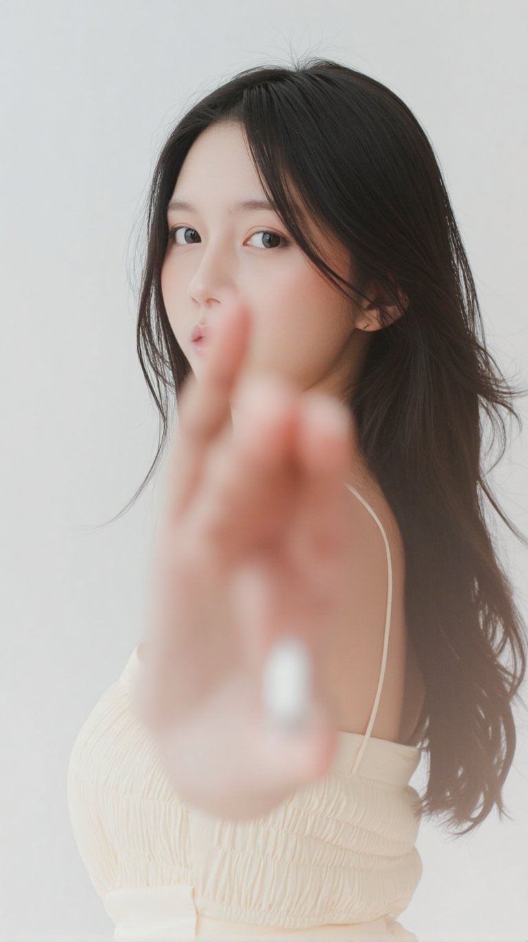 a young woman with long dark brown hair, beautiful young woman wearing sundress, white background