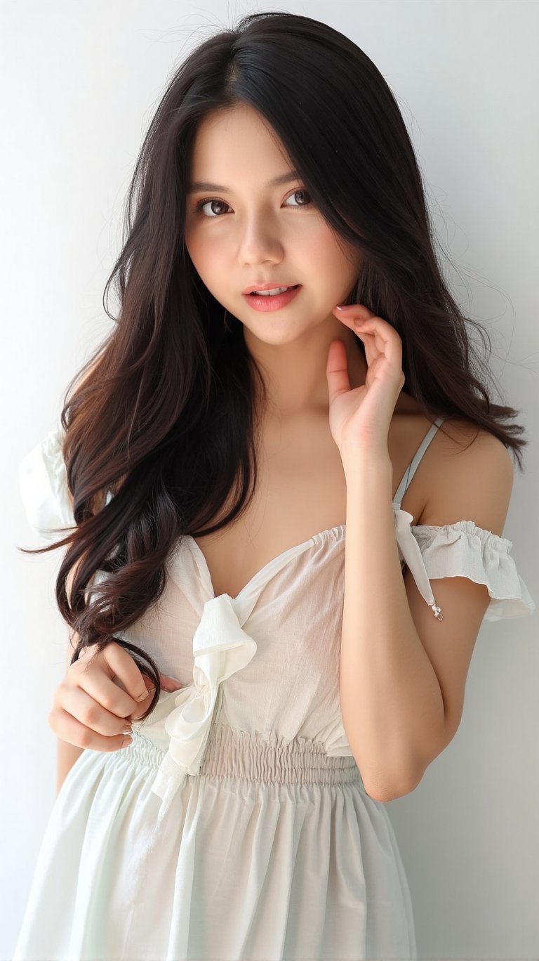 a young woman with long dark brown hair, beautiful young woman wearing sundress, white background