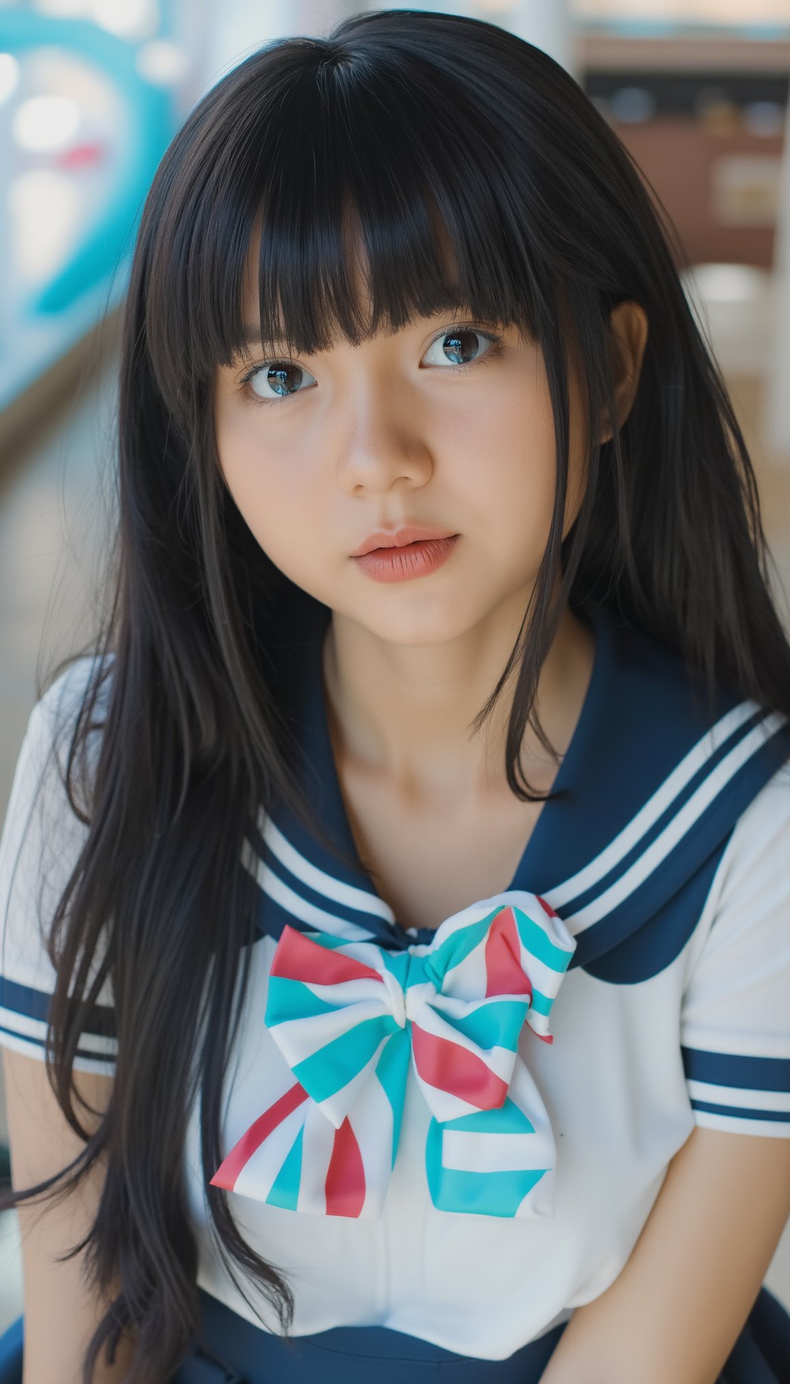 A close-up shot of a young Asian girl with long black hair, a white short-sleeved shirt, and a blue skirt with a white stripe down the center. The girl's shirt is adorned with a blue and white striped bow tie, and the bow tie is a vibrant shade of red. Her eyes are a piercing blue, and her lips are a darker shade of pink. The background is blurred,