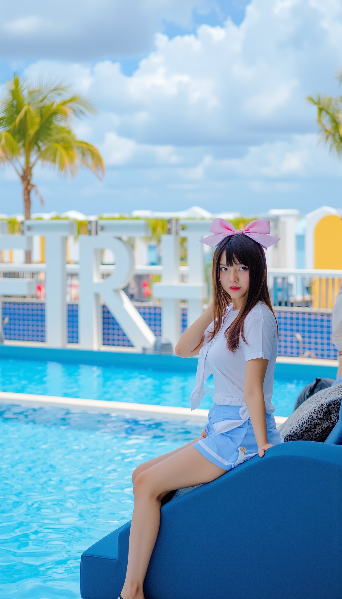 a young Asian woman with long dark brown hair, wearing a white t-shirt and a white short-sleeved blouse, is seated on a blue couch. She is wearing a pair of blue shorts with a white stripe down the side. Her left hand is resting on the armrest of the couch, while her right hand is draped over her left shoulder. She has a pink bow in her hair, adding a pop of color to her outfit. The backdrop, a blue pool, is adorned with the words "TRY FREE" in white letters. Two palm trees are in the backdrop, their leaves a lush green. The sky is filled with white, fluffy clouds.