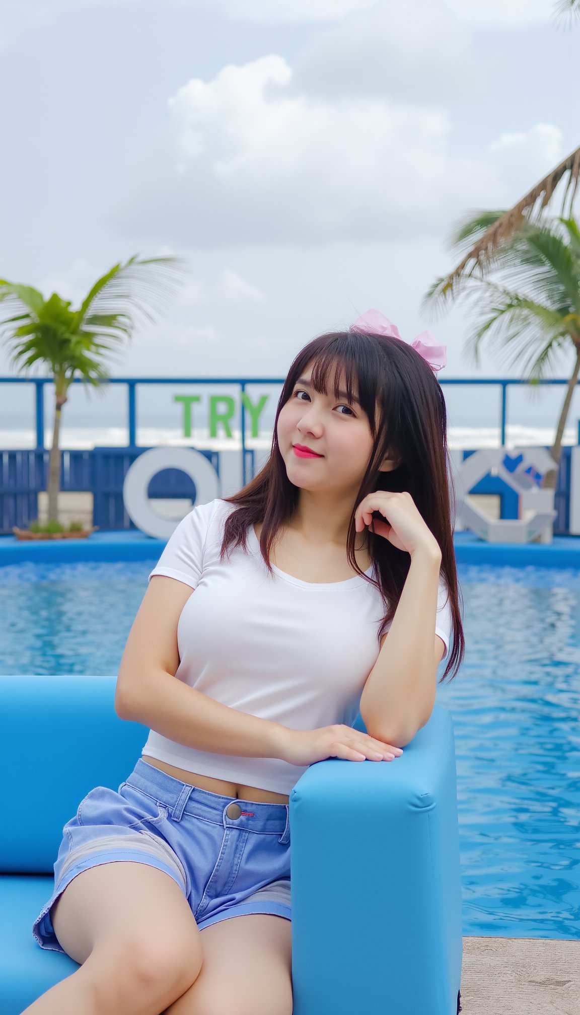 a young Asian woman with long dark brown hair, wearing a white t-shirt and a white short-sleeved blouse, is seated on a blue couch. She is wearing a pair of blue shorts with a white stripe down the side. Her left hand is resting on the armrest of the couch, while her right hand is draped over her left shoulder. She has a pink bow in her hair, adding a pop of color to her outfit. The backdrop, a blue pool, is adorned with the words "TRY FREE" in white letters. Two palm trees are in the backdrop, their leaves a lush green. The sky is filled with white, fluffy clouds.