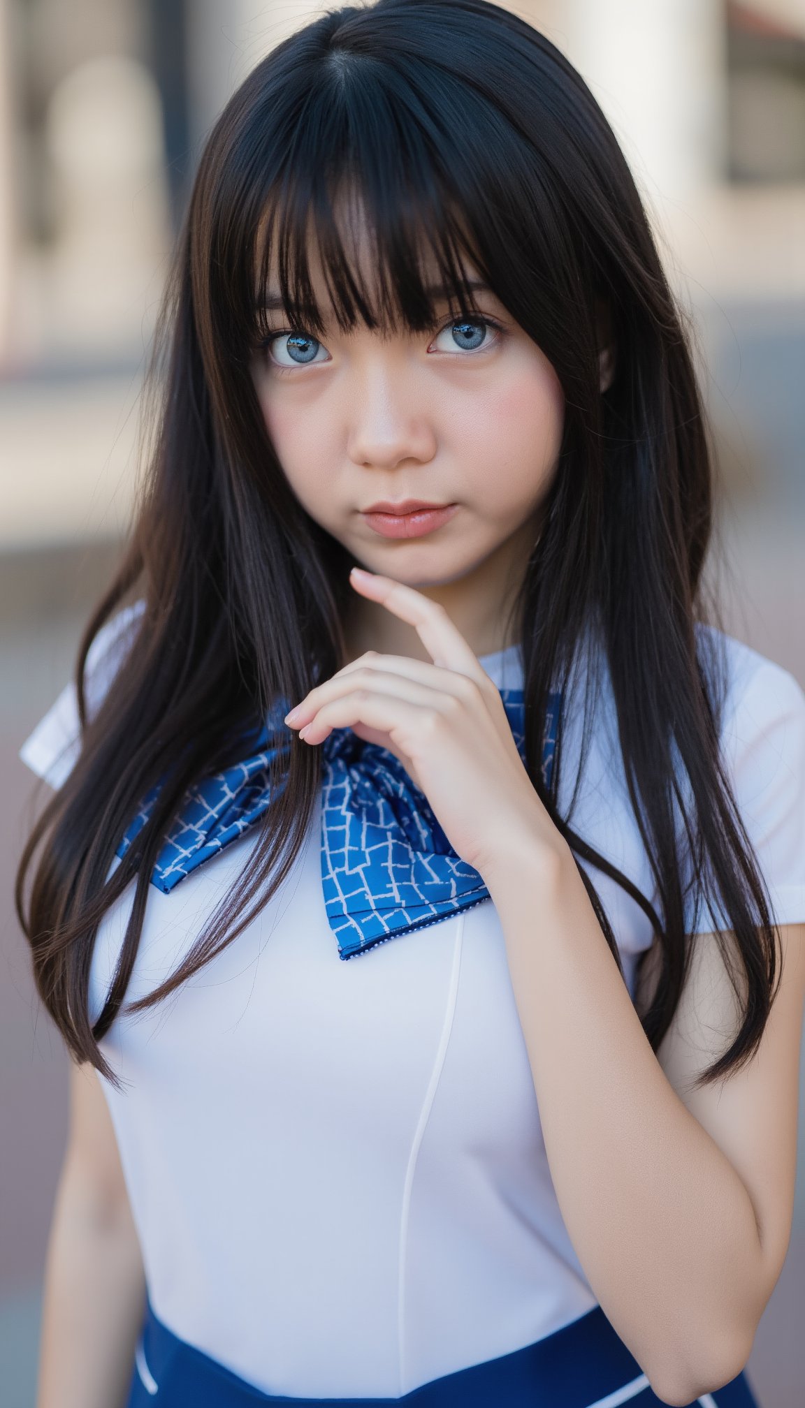 A close-up shot of a young Asian girl with long black hair, a white short-sleeved shirt, and a blue skirt with a white stripe down the center. The girl's shirt is adorned with a blue and white striped bow tie, and the bow tie is a vibrant shade of red. Her eyes are a piercing blue, and her lips are a darker shade of pink. The background is blurred,