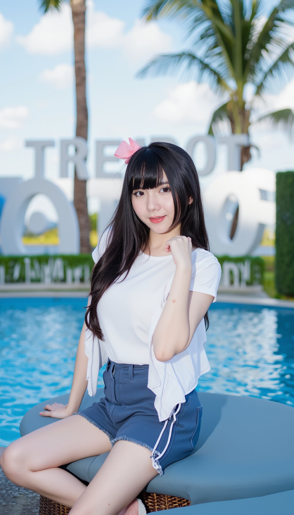 a young Asian woman with long dark brown hair, wearing a white t-shirt and a white short-sleeved blouse, is seated on a blue couch. She is wearing a pair of blue shorts with a white stripe down the side. Her left hand is resting on the armrest of the couch, while her right hand is draped over her left shoulder. She has a pink bow in her hair, adding a pop of color to her outfit. The backdrop, a blue pool, is adorned with the words "TRY FREE" in white letters. Two palm trees are in the backdrop, their leaves a lush green. The sky is filled with white, fluffy clouds.