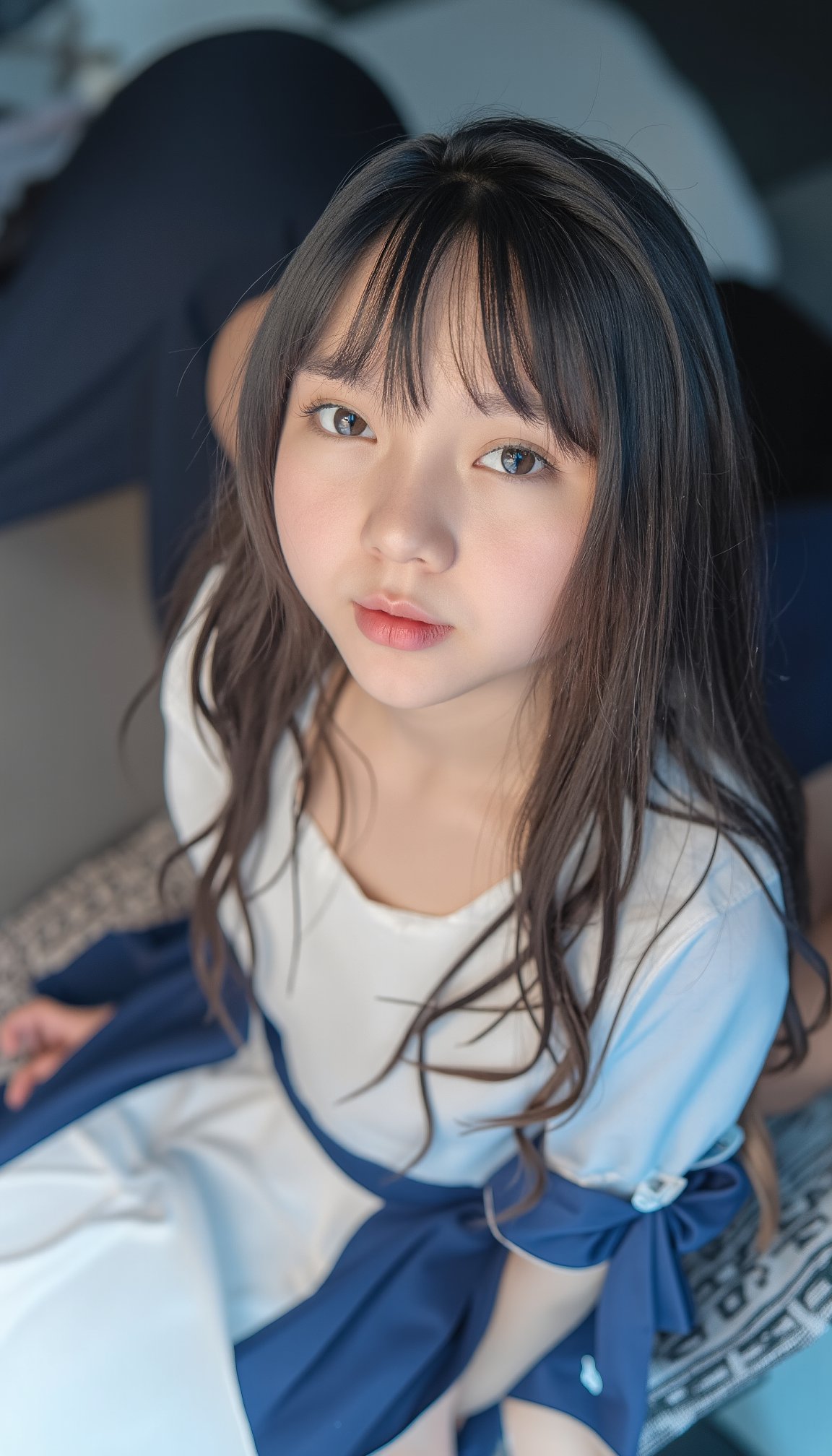 A close-up shot of a young Asian girl with long black hair, a white short-sleeved shirt, and a blue skirt with a white stripe down the center. The girl's shirt is adorned with a blue and white striped bow tie, and the bow tie is a vibrant shade of red. Her eyes are a piercing blue, and her lips are a darker shade of pink. The background is blurred,