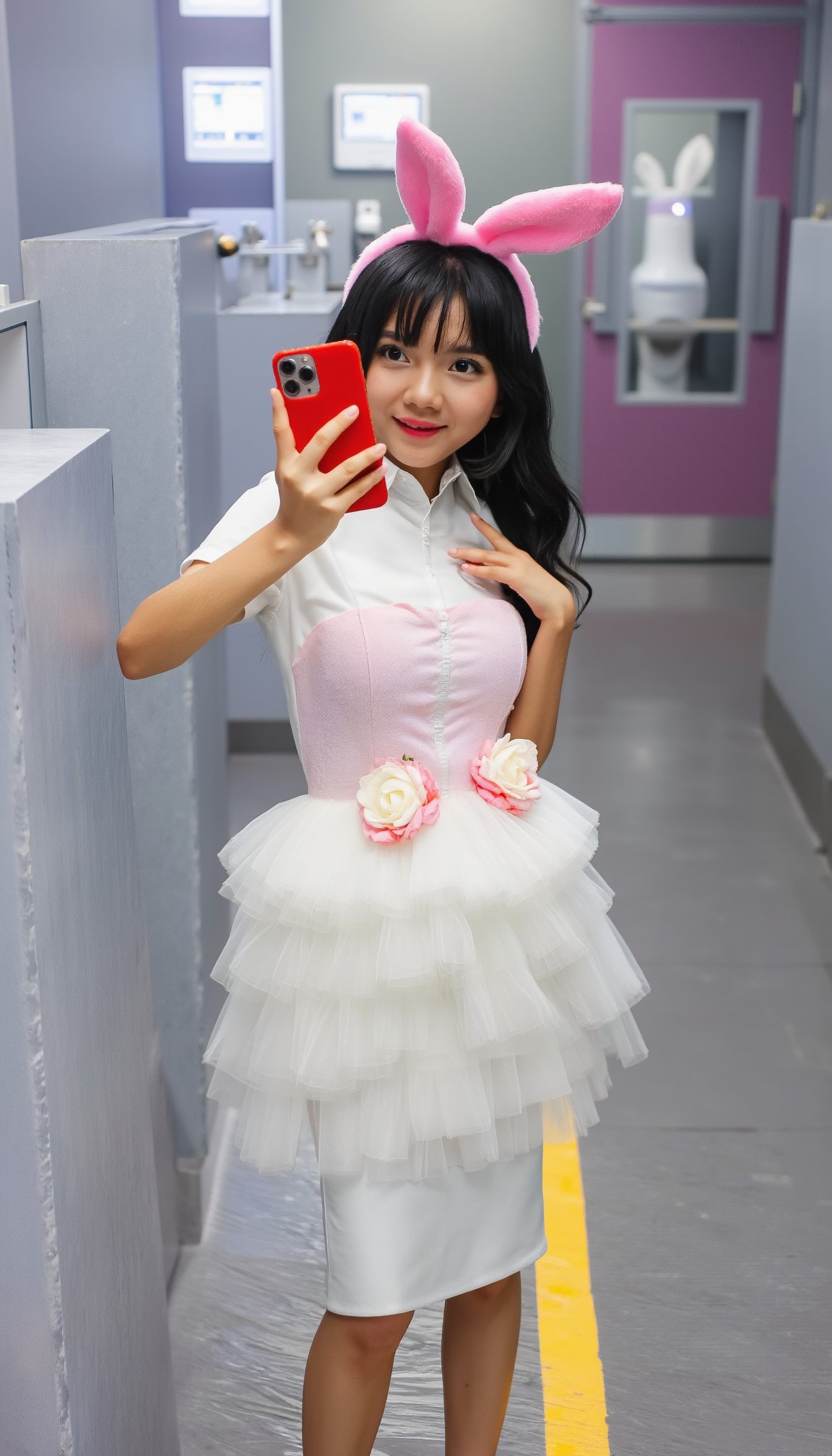 Captured at eye-level, a medium-sized Asian woman, dressed in a white skirt, adorned with a light pink rose, is holding a red smartphone in her right hand. Her left hand is positioned on the left side of the frame, while her left hand rests on her hip. The woman's head is encased in a pair of pink bunny ears, adding a pop of color to the scene. The backdrop, a gray tiled floor with a yellow line painted on it, is to the left of the image. To the right of the woman, a purple door is visible, with a white toilet in the background.