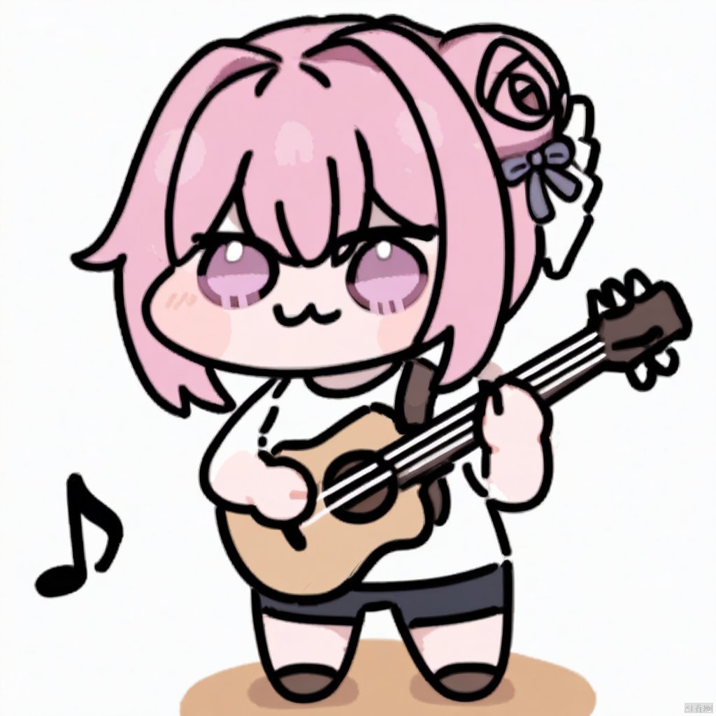 masterpiece,best quality,very aesthetic,absurdres,  impasto, oil painting, doro
1girl, solo, looking at viewer, smile, bangs, simple background, hair ornament, white background, holding, closed mouth, standing, full body, pink hair, , hair bun, chibi, :3, hair intakes, single hair bun, instrument, musical note, music, guitar, playing instrument, holding instrument, electric guitar