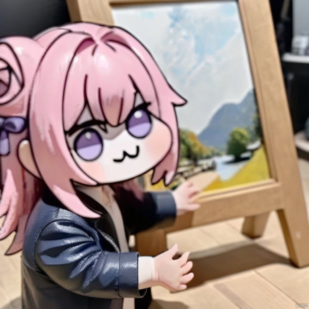 masterpiece,best quality,very aesthetic,absurdres,  impasto, oil painting, doro
1girl, solo, looking at viewer, bangs, purple eyes, pink hair, multicolored hair, chibi, :3, parody, meme, photo background