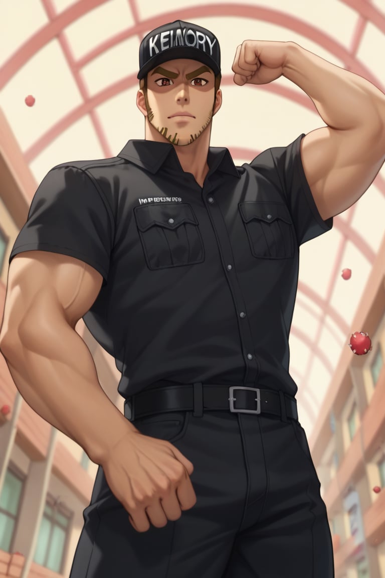 score_9, score_8_up, score_7_up, score_6_up, perfect anatomy, perfect proportions, best quality, masterpiece, high_resolution, high quality, best aesthetic, incredibly absurdres, highres, extremely detailed, huge filesize, mature, masculine, manly, virile, handsome, charming, alluring, bara, male focus, solo male, cowboy shot, dutch angle, source_anime \(Cells at Work! CODE BLACK\), anime coloring \Cells at Work! CODE BLACK\), Memory T Cell \(Cells at Work! CODE BLACK\), CaWBlMemoryTCell, brown hair, brown eyes, thick eyebrow, long sideburns, facial hair, stubble, CaWBKillerTCell_outfit, black cap, Killer T Cell cap \(Cells at Work\), Killer T Cell uniform \(Cells at Work\), black shirt, short sleeves, black pants. from below, low angle, flexing, 
