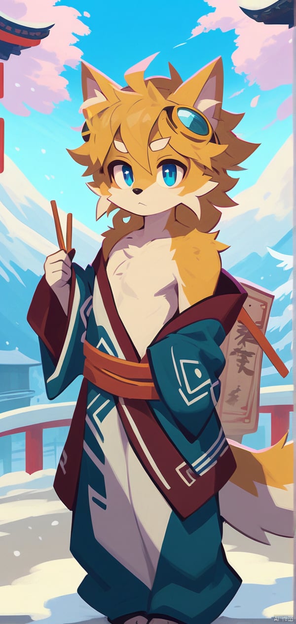 A dynamic scene unfolds as the muscular male, sporting goggles on his forehead and a collarbone-length haircut with messy curls, dons cat ears and a Hand Strap. His red and blue eyes gleam amidst thick eyebrows. A scar adorns his nose.  He stands barefoot,  wearing a T-shirt under a furry coat,  doggy eyes . His curly hair sticks out in every direction, and thick eyebrows frame his gaze.,bandaid on leg,Chinese architecture,  torii, solo,Leaks out of the right shoulder, blue fire,neon light, cityscape,White balayage,Orange scrubbed white hair,Expose right shoulder,no shoes,barefoot,ultra detailed fur,ice,snow, onnk,