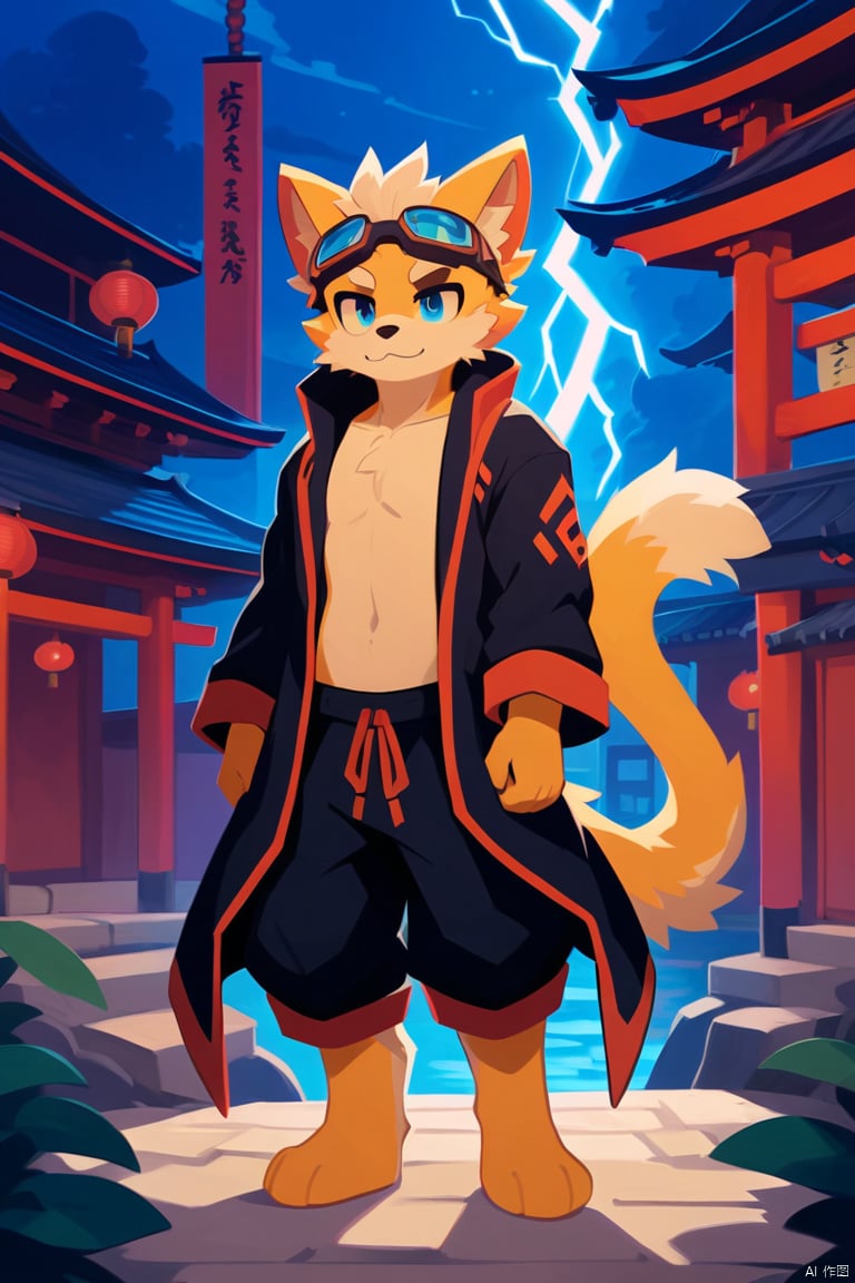 A dynamic scene unfolds as the muscular male, sporting goggles on his forehead and a collarbone-length haircut with messy curls, dons cat ears and a Hand Strap. His red and blue eyes gleam amidst thick eyebrows. A scar adorns his nose. The atmosphere is charged with lightning surrounding him,  He stands barefoot,  wearing a T-shirt under a furry coat,  doggy eyes . His curly hair sticks out in every direction, and thick eyebrows frame his gaze.,bandaid on leg,Chinese architecture,  torii, solo,Leaks out of the right shoulder, blue fire,neon light, cityscape,White balayage,Orange scrubbed white hair,Expose right shoulder,no shoes,barefoot,fursuit,ultra detailed fur