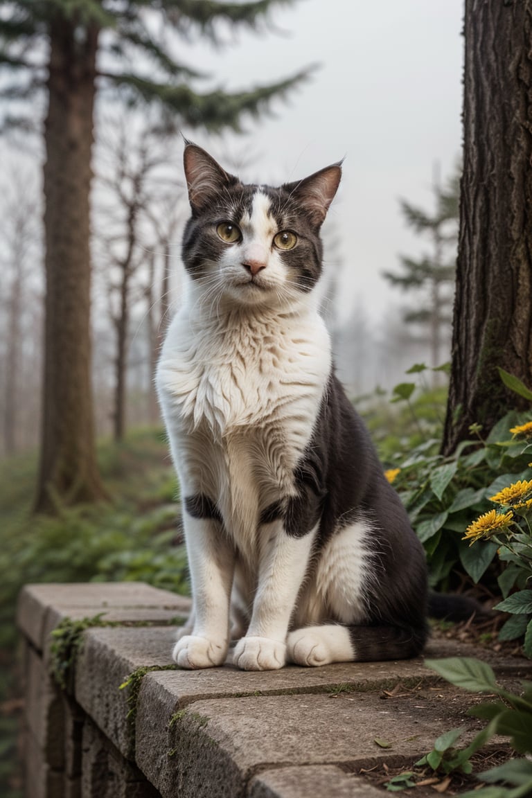 close up photo of a cat, forest, haze, halation, bloom, dramatic atmosphere, centred, rule of thirds, 200mm 1.4f macro shot