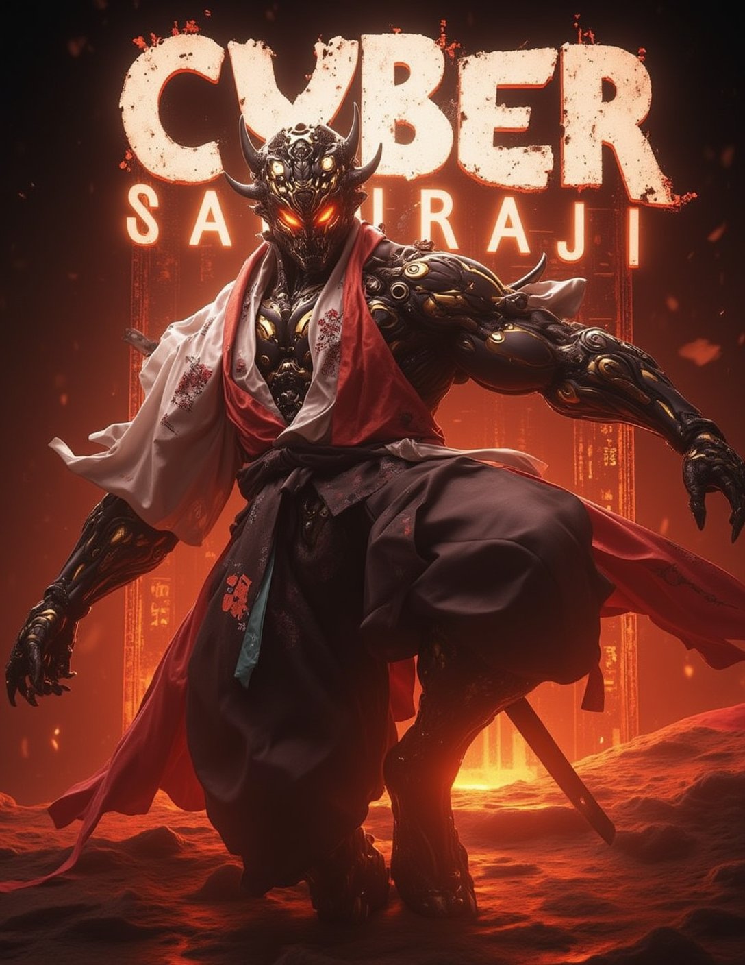 Poster with tittle "CYBER SAMURAJIi" in Bold 3d letters on top featuring Vibrant, cinematic kung fu scene, majestic cyber samuraji suspended in mid-air, powerful pose, radiant, intricate, hyper-realistic 8K resolution, masterfully crafted with extremely sharp details, elaborate textures, award-winning realism, dramatic lighting, intense atmosphere, evoking wonder  and awe.,Cyber_Samuraji